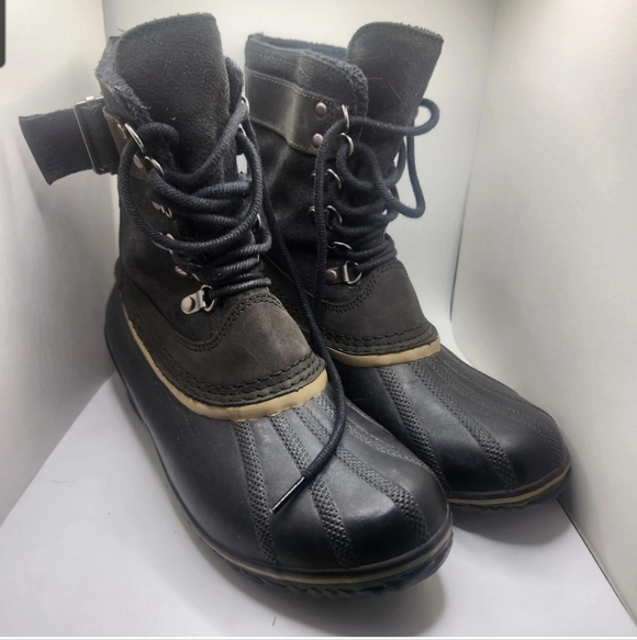 Sorel Fancy Lace II Black Suede Rubber Waterproof Mid Calf Boots size 9.5 Felt - Picture 2 of 9